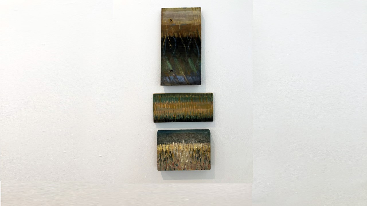 Joan Staufer, Wetland (II), mixed media on wood, 8”x22”, 2020. Price on Request