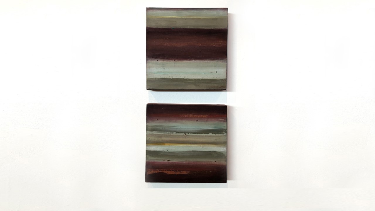Joan Staufer, Untitled, oil and wood punctured canvas, 12”x26”, 2019. Price on Request