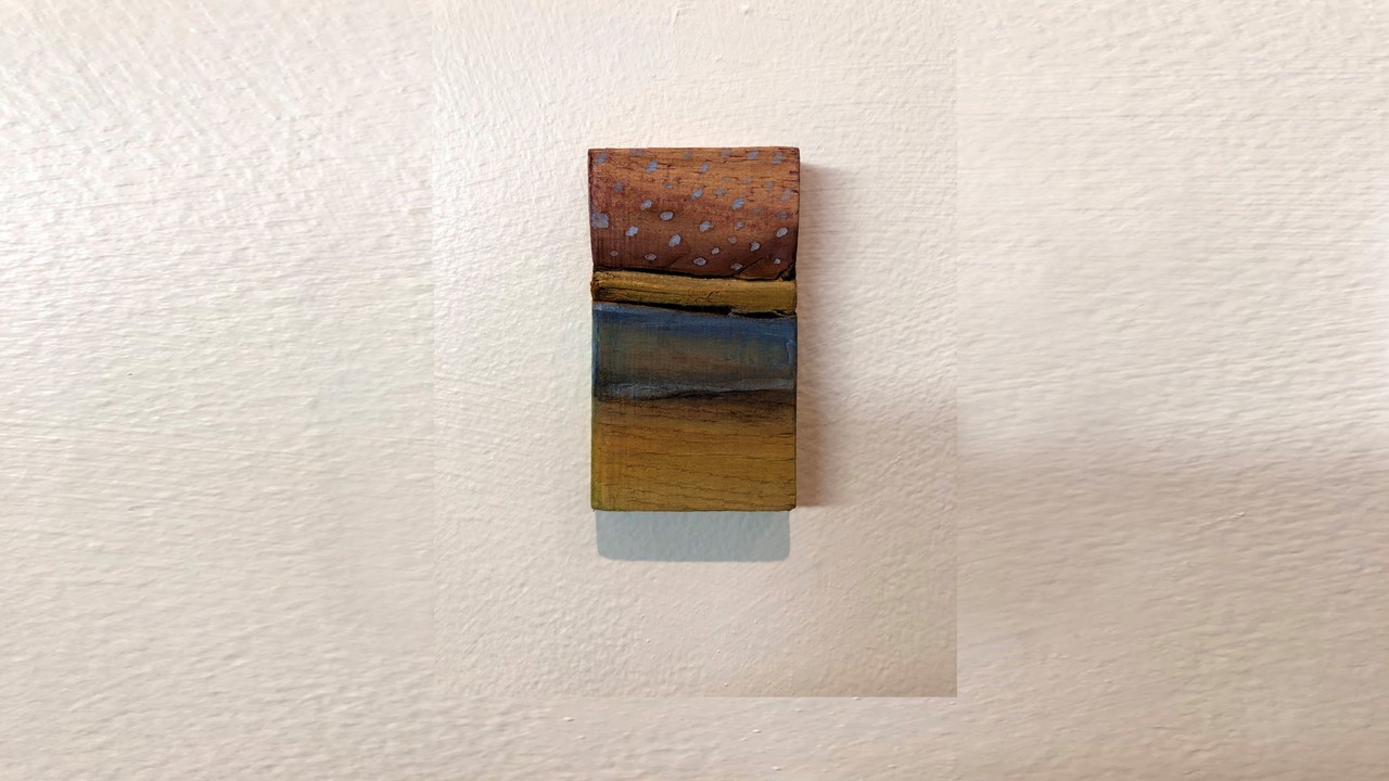 Joan Staufer, Continuum (I), oil and ink on wood, 2”x3.5”, 2020. Price on Request
