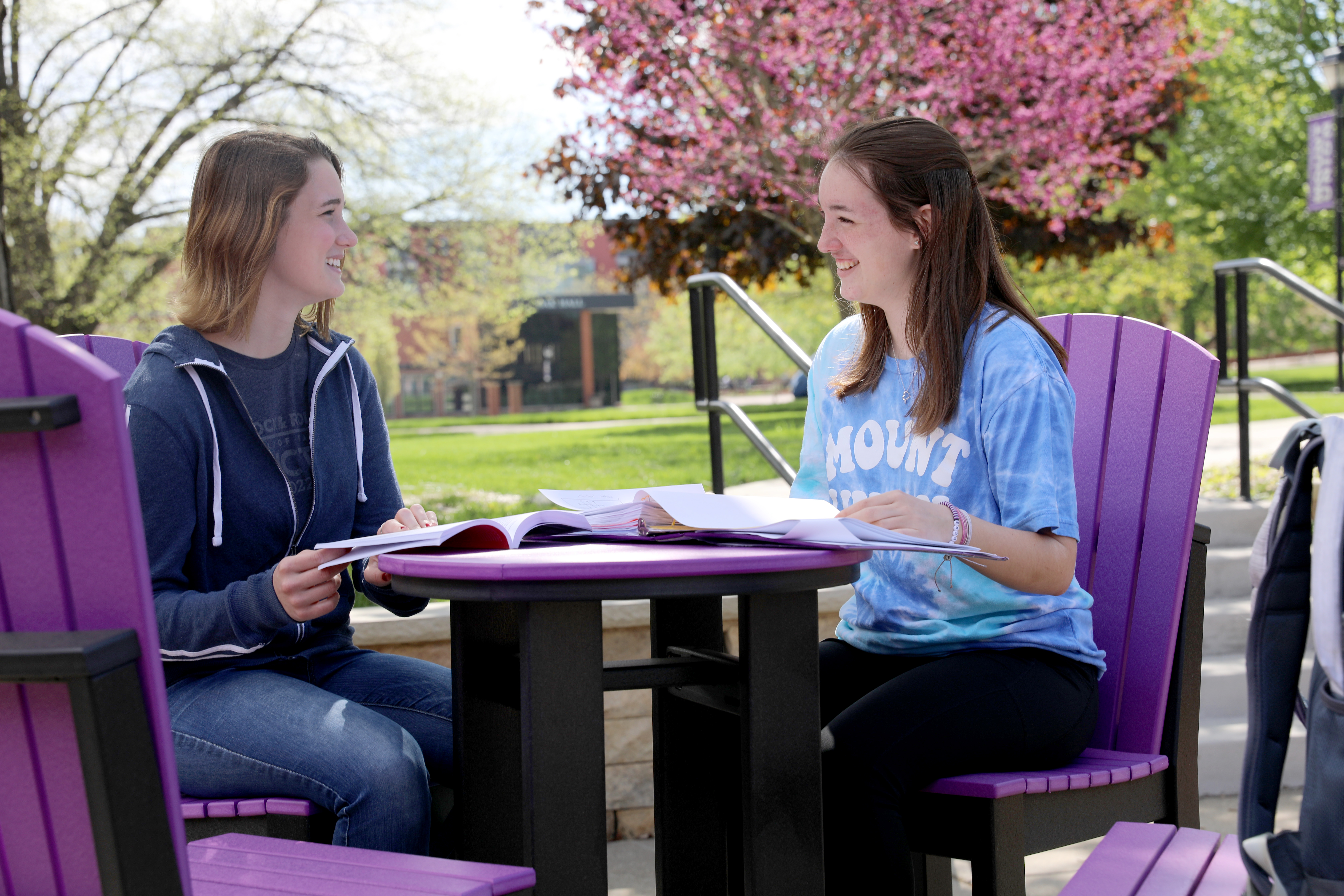 Two Mount Union students studying outside together on campus.