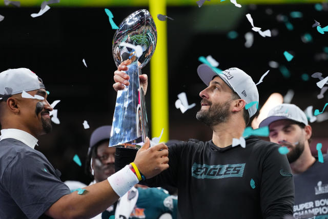 nick sirianni holding super bowl trophy